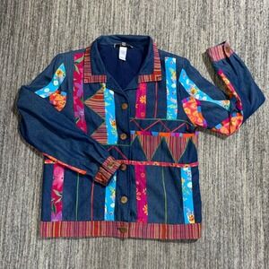 KT Mckenzie Denim Jacket Colorful Patchwork Button Up‎ Cotton Blend Size L